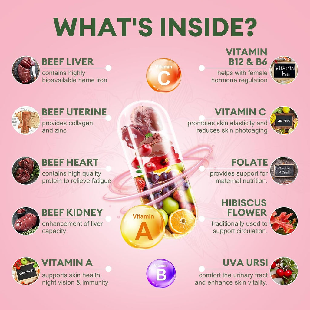 Beef Organ Supplement for Women - Beef Liver, Kidney, Heart,Uterus Tissue - Balance Hormones & Women's Overall Energy - Grass Fed, Pasture Raised - Natural Iron Supplement with Folate - 120 Capsules