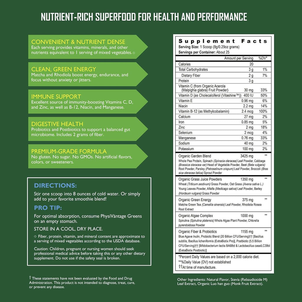 PhysiVantage - Organic Greens Powder - Helps Support Energy, Immunity, & Digestive Health - Prebiotics, Probiotics, Post-biotics - Natural Detox - Vegan - 25 Servings