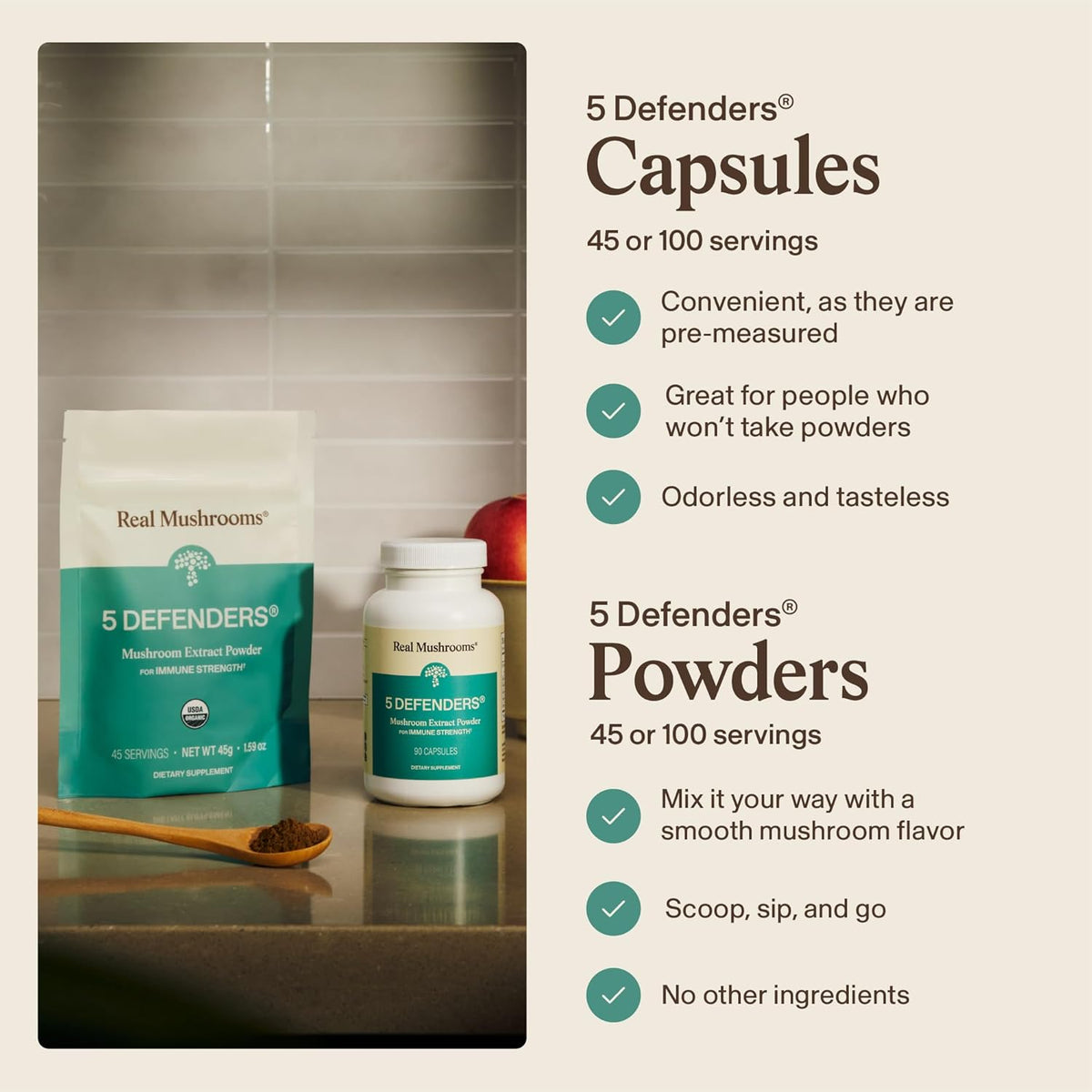 Real Mushrooms 5 Defenders Mushroom Complex Powder – Organic Mushrooms Extract from Chaga, Reishi, Turkey Tail, Maitake & Shiitake Mushroom Blend for Wellness Support with Beta Glucans - 100 Servings
