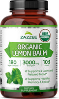 Zazzee USDA Organic Lemon Balm 10:1 Extract, 180 Capsules, 6 Month Supply | Vegan, All-Natural, Non-GMO, Melissa Officinalis, Calm, Mood, Stress & Relaxation Support, Herbal Supplement, Made in the USA