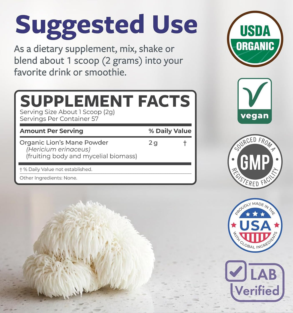 USDA Organic Lion's Mane Powder - Lion Mane Mushroom Supplement for Coffee Smoothies & More - Nootropic Brain Supplement for Memory and Focus Support - Vegan Non-GMO & No Fillers (57 Servings)