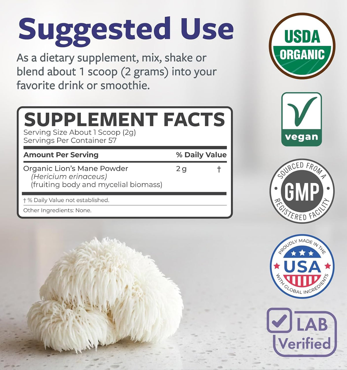 USDA Organic Lion's Mane Powder - Lion Mane Mushroom Supplement for Coffee Smoothies & More - Nootropic Brain Supplement for Memory and Focus Support - Vegan Non-GMO & No Fillers (57 Servings)