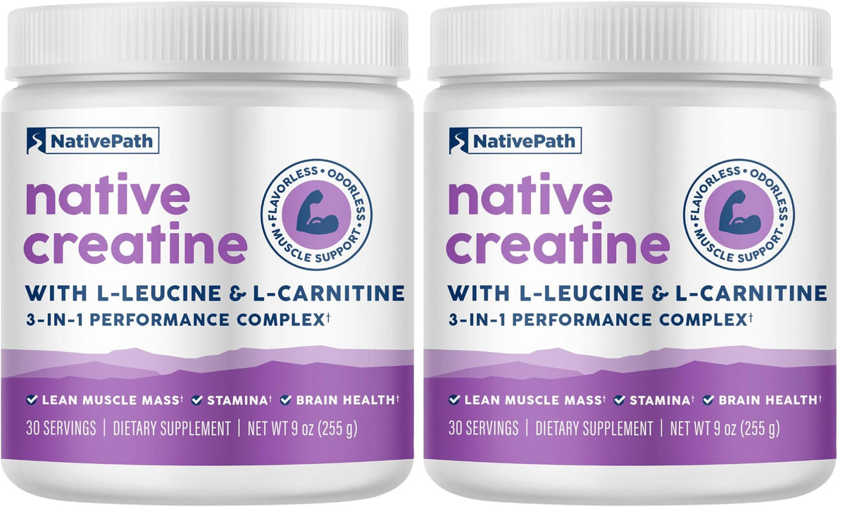 NativePath Creatine Monohydrate Powder with L-Leucine & L-Carnitine - Muscle Building Supplement for Men & Women - 30 Servings (Pack of 2)