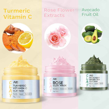 ANAI RUI 3 Pack Clay Mask Set Turmeric Vitamin C Clay Mask -Rose Facial Mask -Avocado Green Tea Mud Mask Smoothing, Hydration & Glow,Spa Gift Set