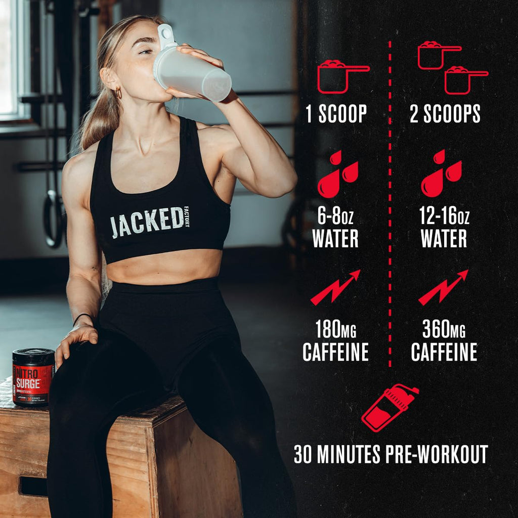 Jacked Factory NITROSURGE Shred Pre Workout Supplement - Energy Booster, Instant Strength Gains, Sharp Focus, Powerful Pumps - Nitric Oxide Booster & PreWorkout Powder - 30Sv, Fruit Punch