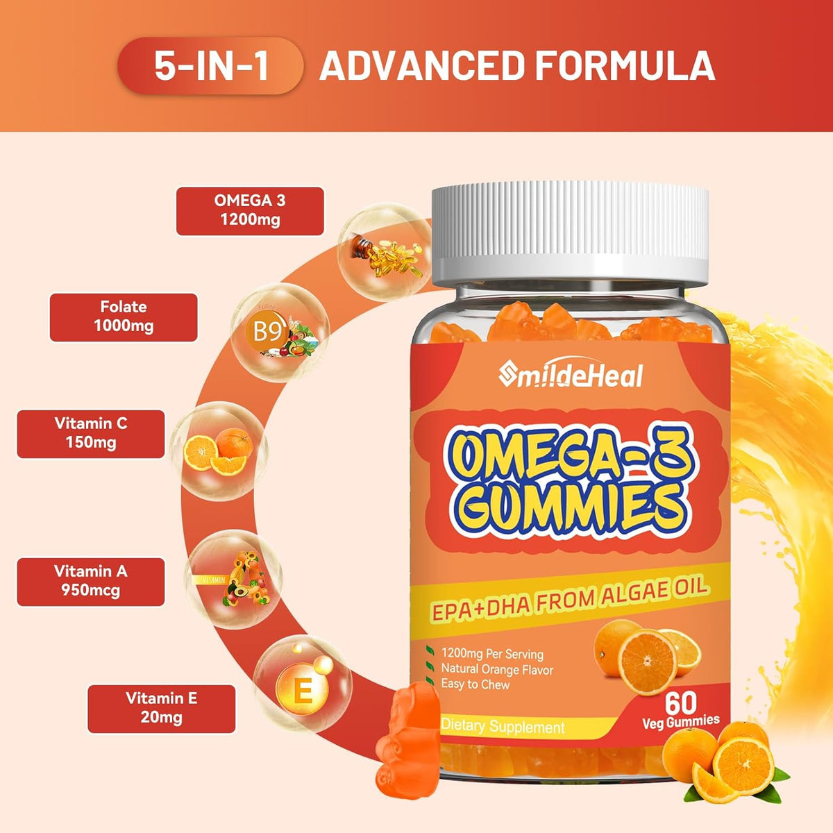 Omega 3 Gummies Supplement 1000mg, High Absorption DHA & EPA, Heart, Brain & Joint Support, Extra Strength Fish Oil Omega 3 Gummies Vitamins, 60 Count