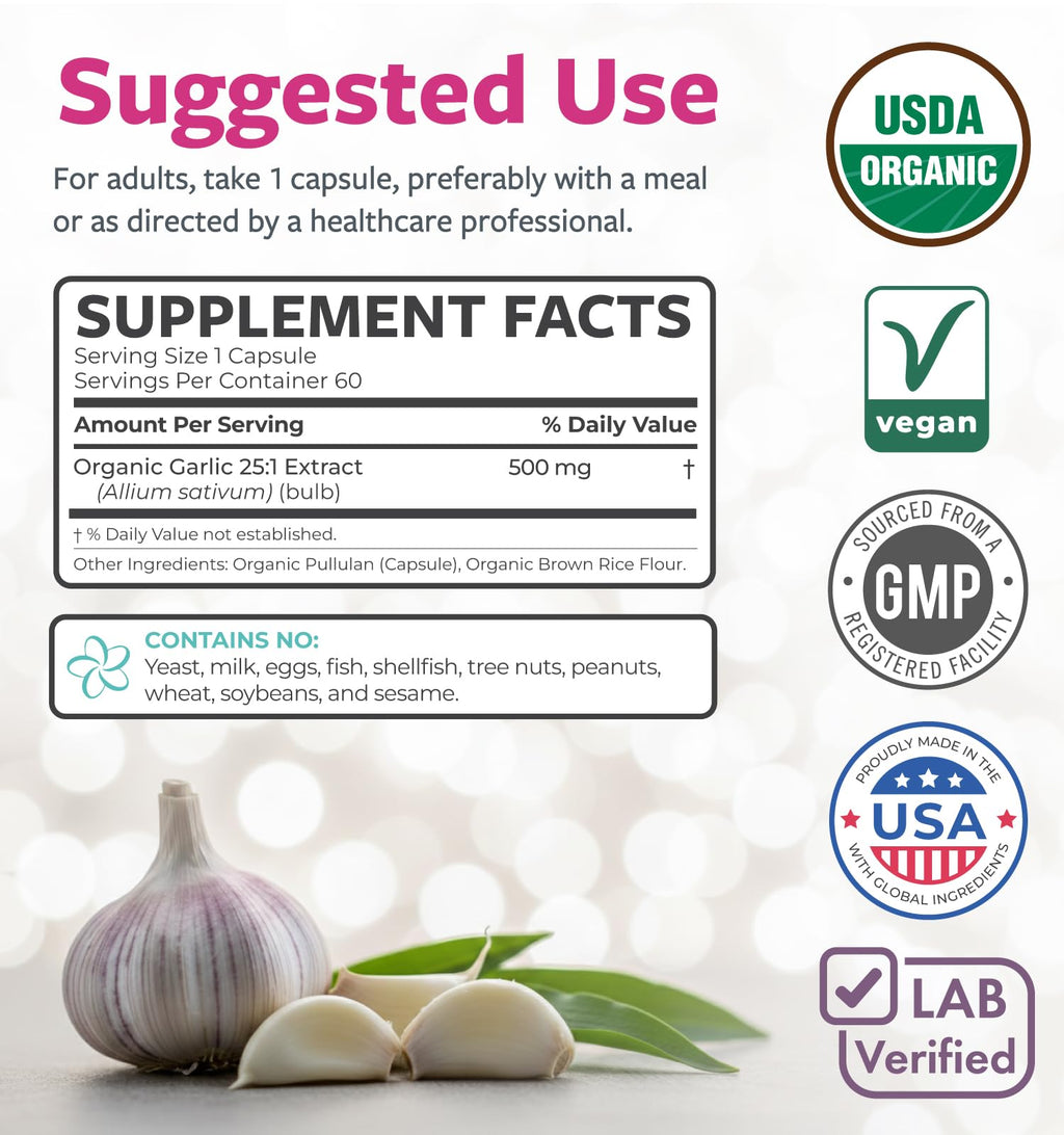 PURE CO USDA Organic Garlic Supplement - High Potency 25:1 Garlic Extract with 12,500mg Herbal Equivalent Strength for Immune & Heart Support - Odorless Vegan & Non-GMO (4 Month Supply)