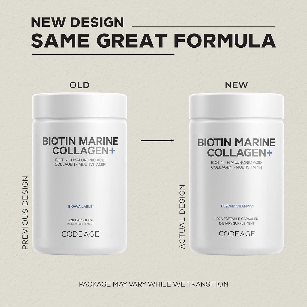 Codeage Biotin Marine Collagen Peptides - Wild-Caught Marine Collagen Types I & III, Biotin, Vitamins C & E, Hyaluronic Acid, Amino Acids, Fruit and Herb Blend, Non-GMO - 120 Capsules