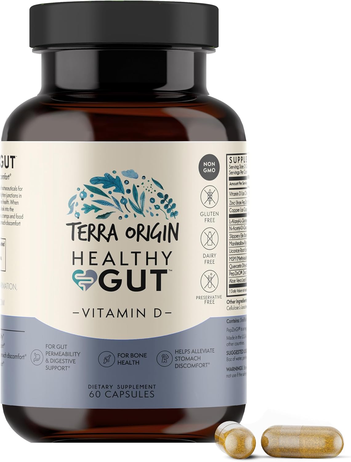 TERRA ORIGIN Healthy Gut with Vitamin D 5000 IU | 60 Capsules | Gut Health Supplements for Men and Women | Supports Digestion and Gas