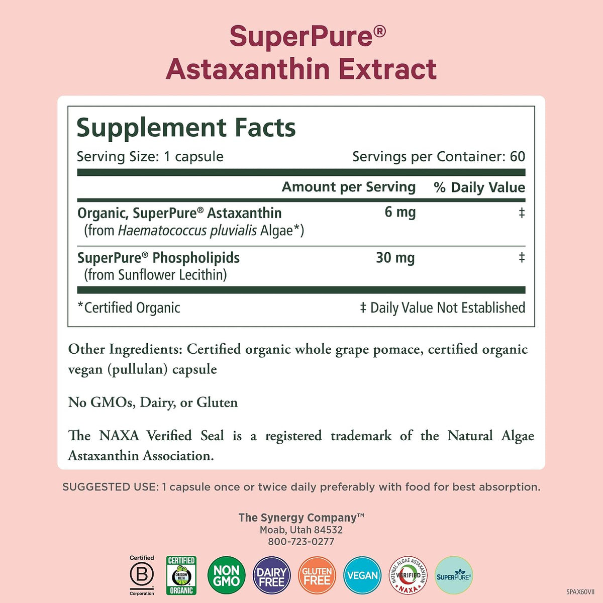 PURE SYNERGY SuperPure Astaxanthin Extract | Organic Astaxanthin from Algae with Sunflower Lecithin | Antioxidant Support for Skin and Eye Health (60 Capsules)