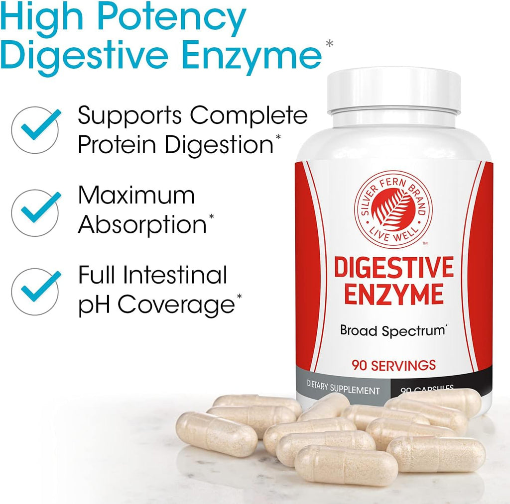 Silver Fern Brand Ultimate Digestive Enzyme Supplement 1 Bottle 90 Capsules | High Potency, Multi Enzyme - Digestive Comfort & Food Tolerance - Hemicullulase, Peptidase, Maltase, More