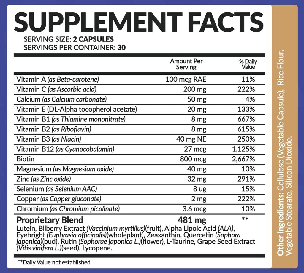 Eye Vitamin Supplement with Lutein, Zeaxanthin, Lycopene, Bilberry, Quercetin & More - All Natural Proprietary Blend Supports Vision & Macular Health - 60 Veggie Capsules