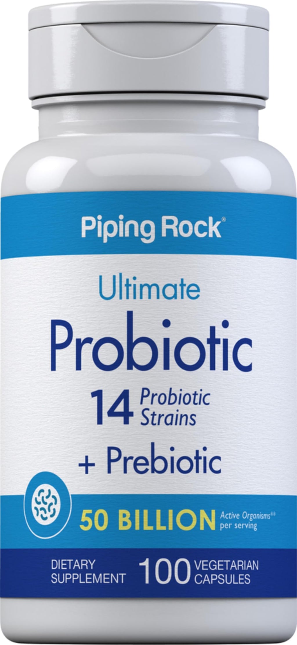 Piping Rock Probiotic and Prebiotic for Women and Men | 50 Billion CFU | 100 Capsules | Ultimate 14 Strain Supplement | Vegetarian, Non-GMO, Gluten Free