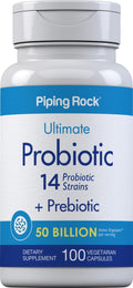 Piping Rock Probiotic and Prebiotic for Women and Men | 50 Billion CFU | 100 Capsules | Ultimate 14 Strain Supplement | Vegetarian, Non-GMO, Gluten Free