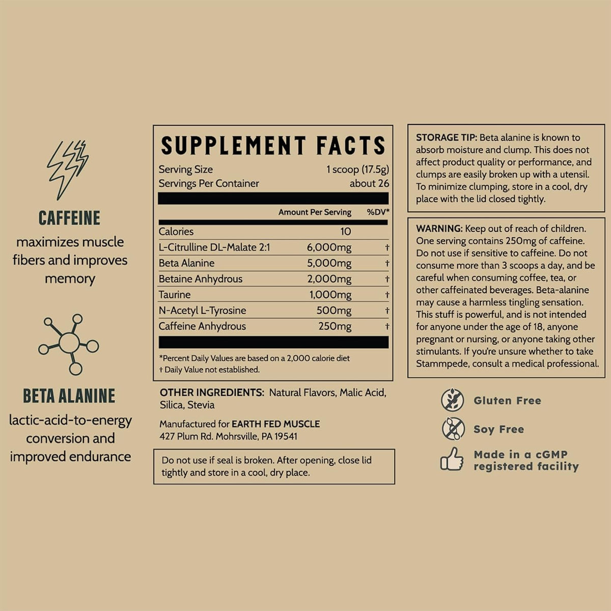 Earth Fed Muscle Stammpede Lemonade Pre Workout, Third-Party Certified. 250mg Caffeine, Lemonade - 5g Beta Alanine, Citrulline Malate, Taurine - Soy Free, Gluten Free - 16 oz, 26 Servings | Third-Party Certified, 250mg Caffeine, 5g Beta Alanine, Citrullin