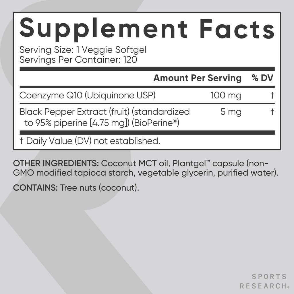 Sports Research CoQ10 (100mg) Enhanced w/Coconut Oil & Bioperine (Black Pepper) for Better Absorption | Vegan Certified, Non-GMO Verified (120 Veggie Softgels)