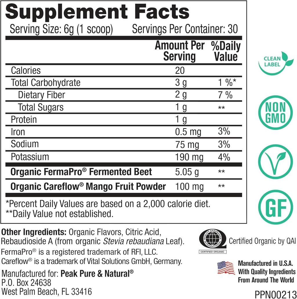 Peak Pure & Natural Peak Organic Fermented Beets - Organic Fermented Beet Powder Superfood Drink Powder - Nitric Oxide Supplement Support for Normal Blood Pressure