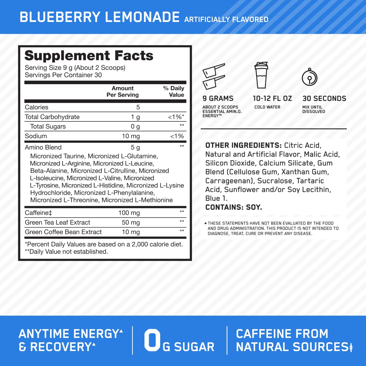 Optimum Nutrition, Amino Energy - Pre Workout with Green Tea, Bcaa, Amino Acids, Keto Friendly, Green Coffee Extract, Energy Powder - Concord Grape, 65 Servings