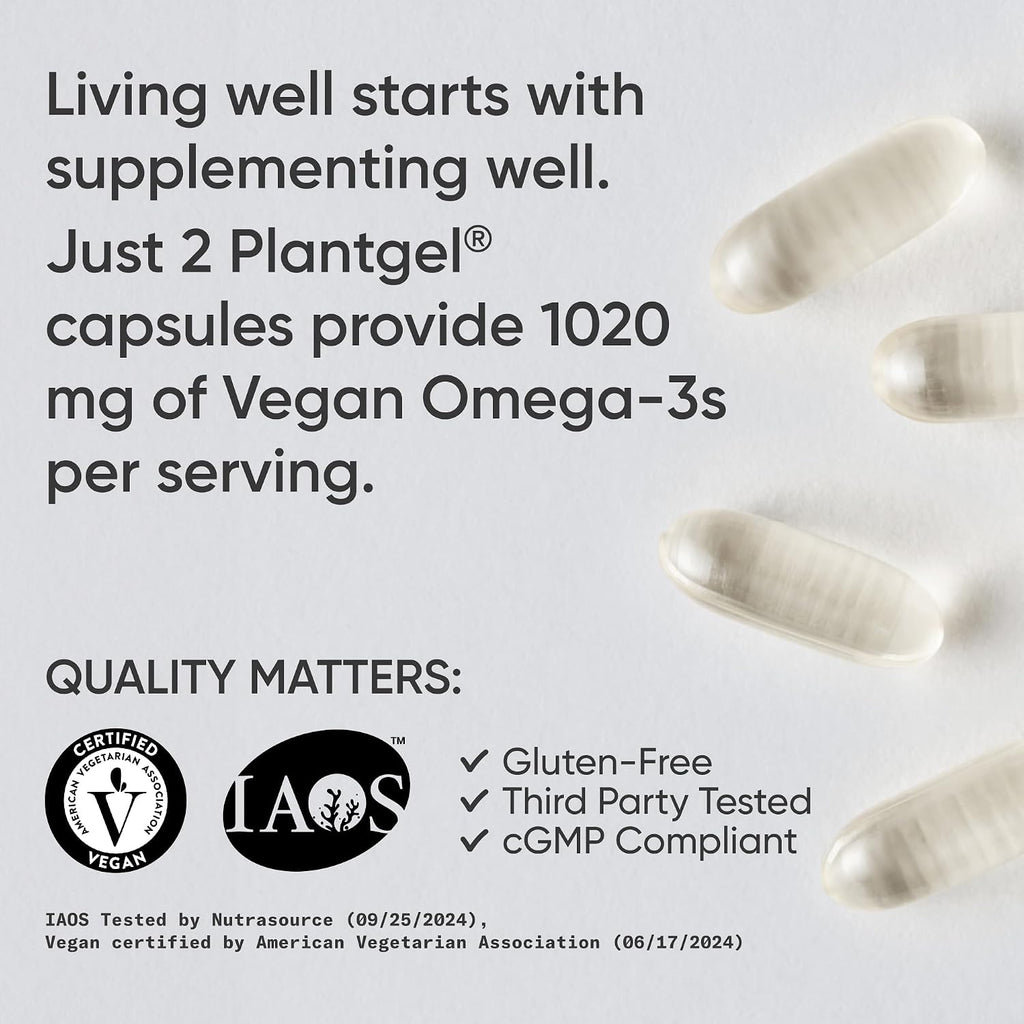 Sports Research Vegan Omega-3 Fish Oil Alternative from Algae Oil - Highest Levels of Vegan DHA & EPA Fatty Acids | Non-GMO Tested & Vegan Certified - 60 Veggie Softgels (Carrageenan Free)