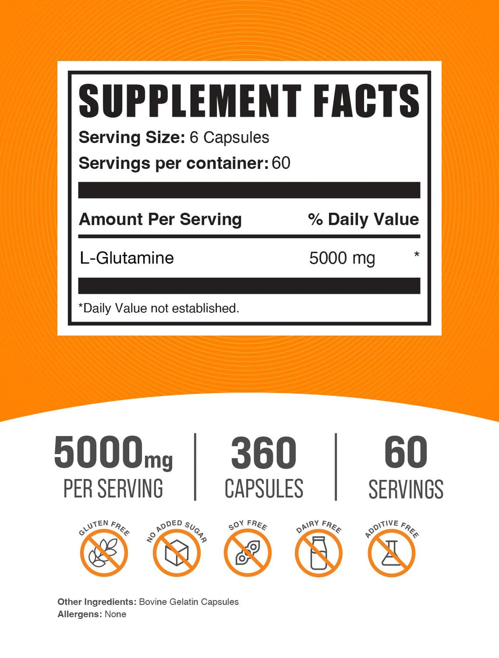 BulkSupplements.com L-Glutamine Capsules - Glutamine Supplement, Amino Acid Supplement - Gluten Free, 6 Capsules per Serving (5000mg), 360 Count (Pack of 1)