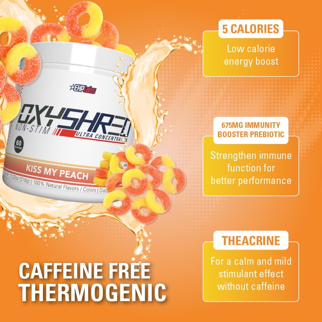 EHP Labs OxyShred Non Stimulant Pre Workout Powder - Stim Free Pre Workout, Caffeine Free Preworkout for Men & Women with L Glutamine & Acetyl L Carnitine - Peach, 60 Servings