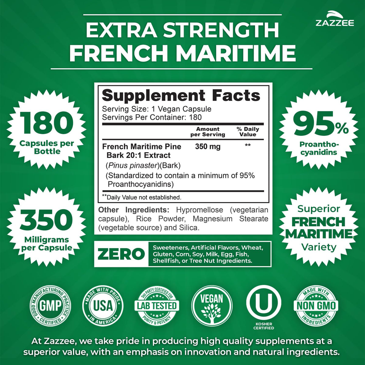 Zazzee Extra Strength French Maritime Pine Bark Extract 20:1, 350 mg Per Capsule, 95% Proanthocyanidins, 180 Vegan Capsules, 6 Month Supply, Certified Kosher, Antioxidant Support, Non-GMO, Made in USA
