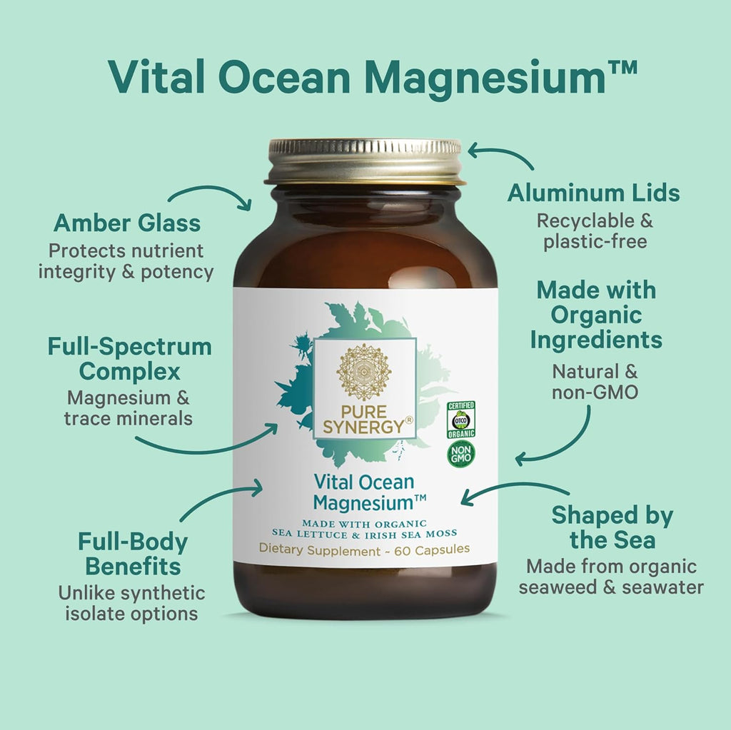 PURE SYNERGY Vital Ocean Magnesium | Organic Magnesium Supplement Capsules | Vegan, Seaweed-Based Complex with Spirulina, Chlorella, & Wakame | for Energy, Sleep, & Stress (60 Capsules)