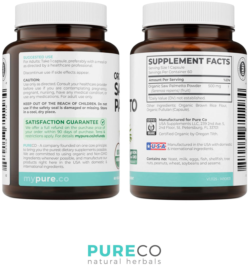 PURE CO USDA Organic Saw Palmetto Supplement - Organic Saw Palmetto for Women & Men's Urinary Tract Prostate & DHT Blocker for Women - Whole Berries - Vegan Non-GMO & Lab Verified (2 Month Supply)