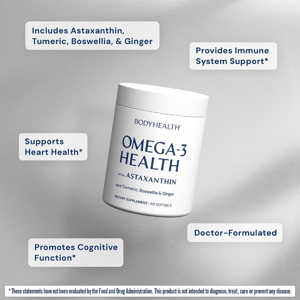 BodyHealth Omega 3 Health, Fish Oil Supplement for Women and Men, Heart and Brain Health, Fish Oil Pills, Fatty Acid Supplements, Omega 3 Vitamins - 60 Soft Gels