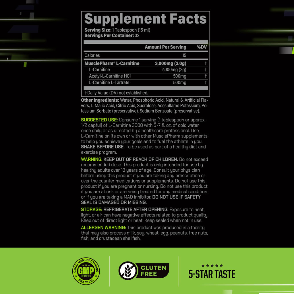 Muscle Pharm L-Carnitine 3000, The Ultimate Liquid L Carnitine Supplement for High-Performance, Supports Metabolism, Hydration & Energy, Zero Sugar, Low Calories, Sour Cherry Flavor, 32 Servings
