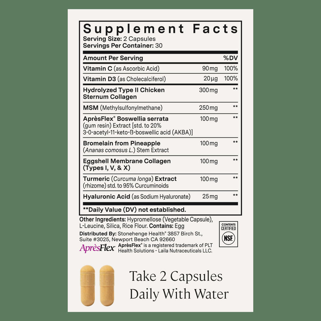 Stonehenge Health Dynamic Joint Health Supplement – AprèsFlex® Boswellia Serrata Fast-Acting Joint Support & Comfort – MSM, Multi-Type Collagen, Turmeric, Bromelain, Vitamins C & D3 | 60 Capsules