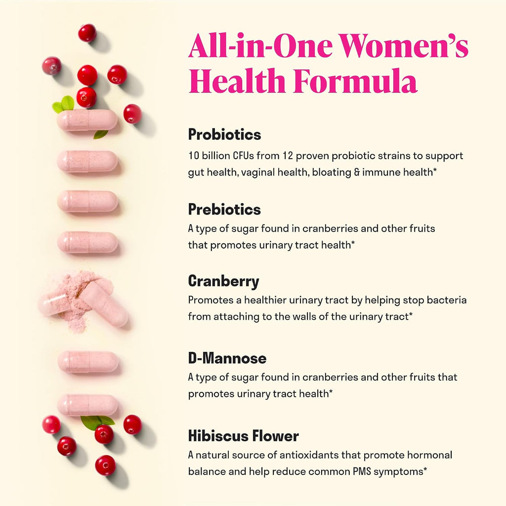 3-in-1 Womens Probiotic - Probiotics, Prebiotics, D-Mannose, 60 Day Supply | Prebiotics and Probiotics for Women, Ingredients to Support Digestive Health, Vaginal Health & pH Balance, Women Probiotic*