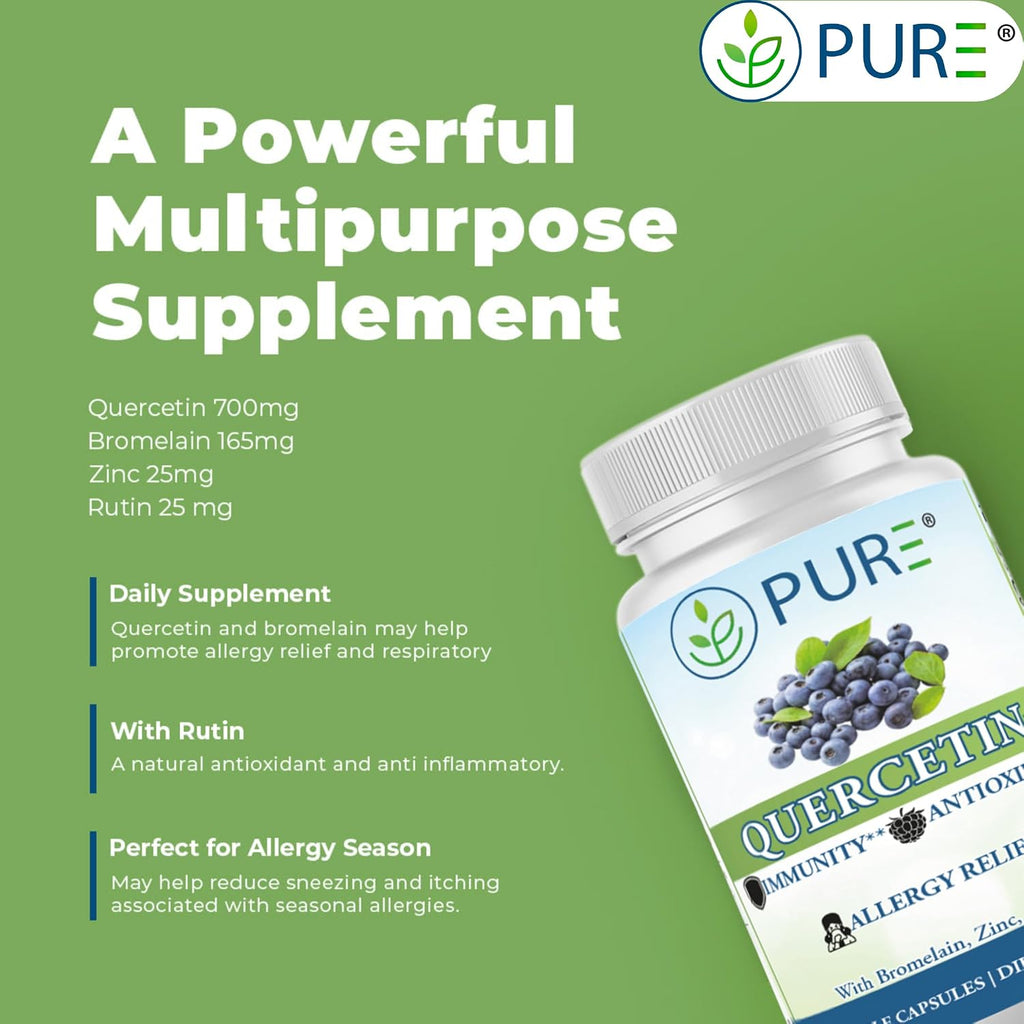 PURE® Quercetin+ with Zinc, Bromelain, Rutin Immune Shield - 60 Capsules - High Bioavailability Antioxidant Complex for Respiratory Health & Viral Defense - Made in USA