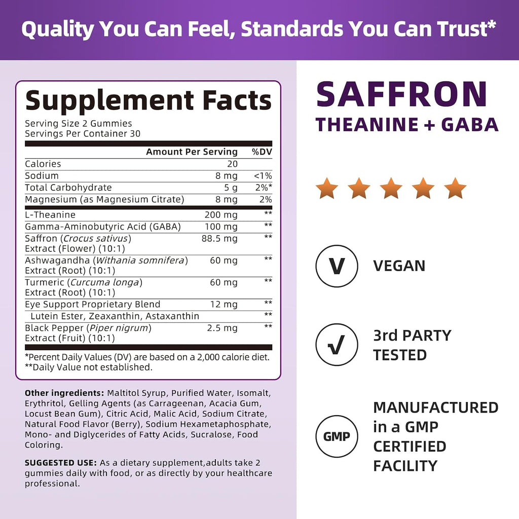 Saffron Gummies 88.5mg with L-Theanine 200mg, GABA for Mood, Focus & Vision | 10-in-1 Supplements for Adults with Ashwagandha, Eye Support Blend, GMP Certified, Sugar Free, Vegan, 60 Day Supply