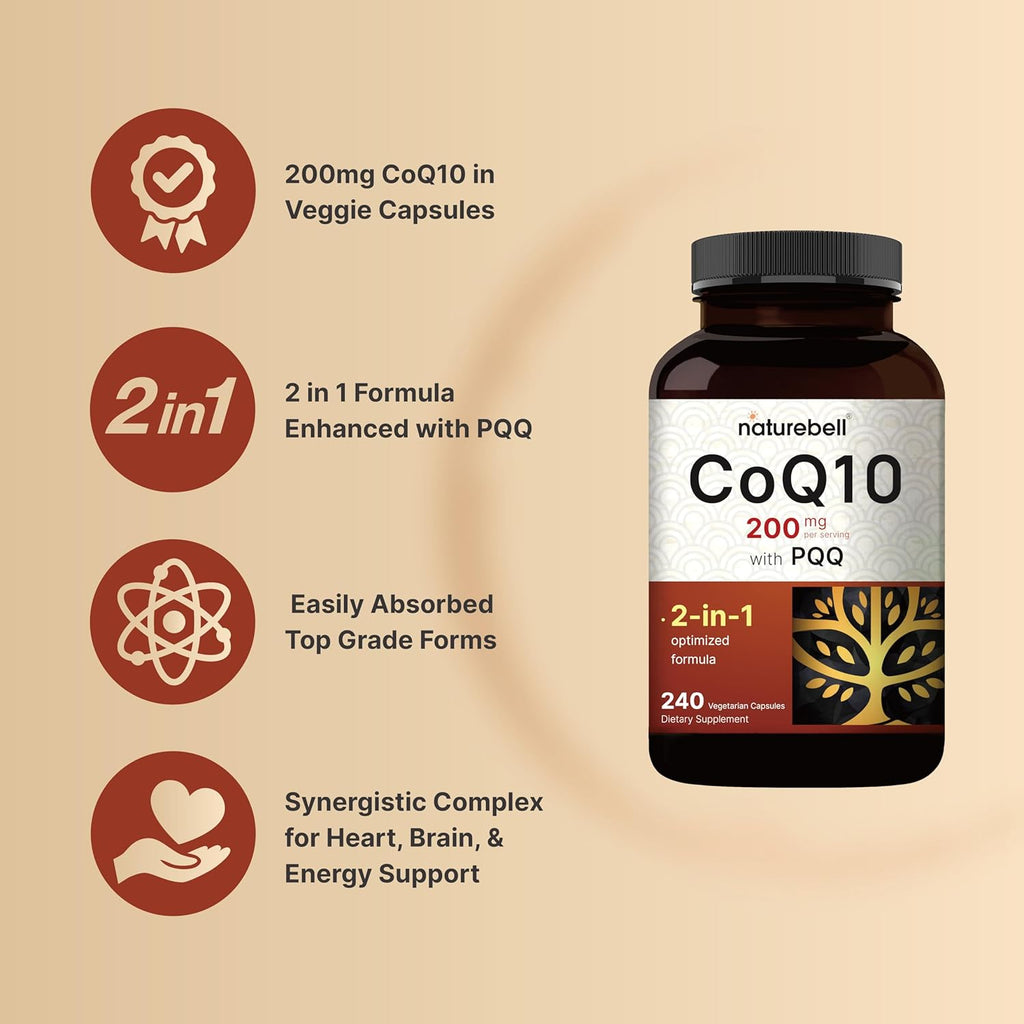 NatureBell CoQ10 200mg with PQQ, 240 Veggie Capsules | Stable High Absorption Form – Antioxidant Support for Heart, & Energy Health – Extra Strength Coenzyme Q10 Supplement