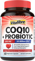 Vitalibre CoQ10 200 mg, with Probiotics for Women & Men, 50 Billion CFU, High Absorption Ubiquinone, Heart & Gut Energy Support, Powerful Antioxidant, Easy to Swallow, 60 Vegan Capsules
