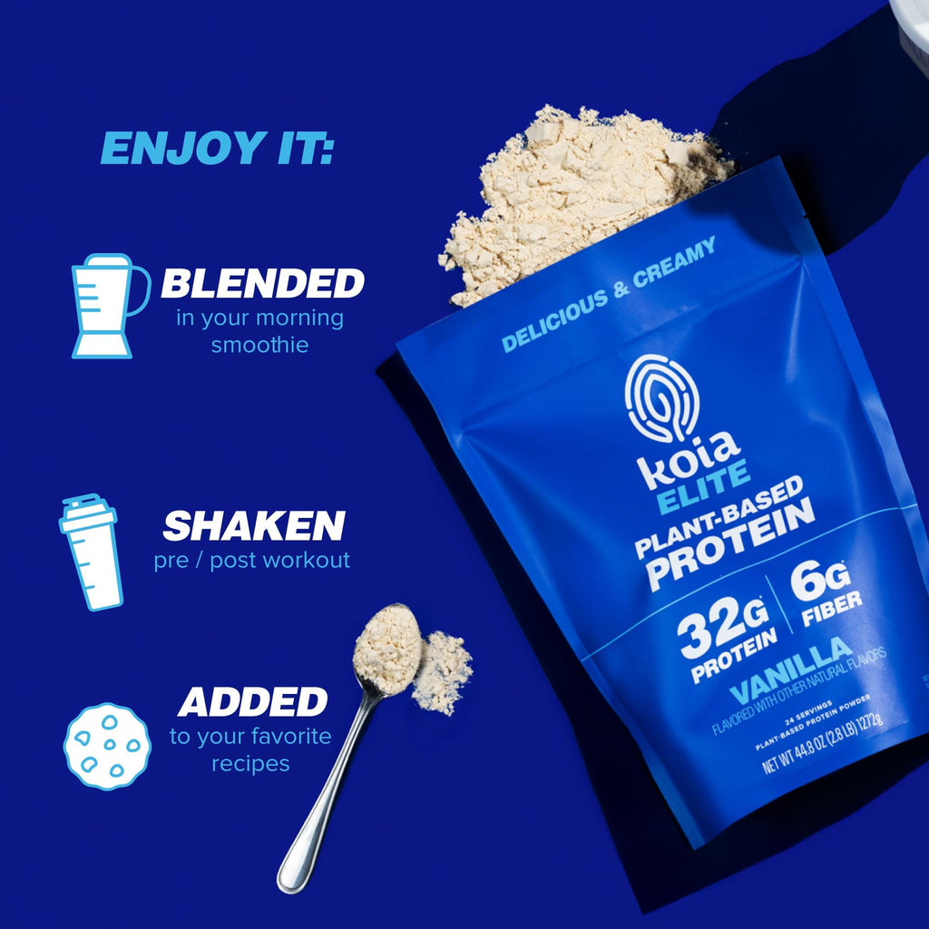 Koia Plant Based Protein Elite Powder, Vanilla, 32g Protein, 4g Sugar, 6g Prebiotic Fiber, Pre & Post Workout, 21 Vitamins & Minerals, Dairy-Free, Gluten-Free, Non-GMO, 24 Servings, 44.8 Oz