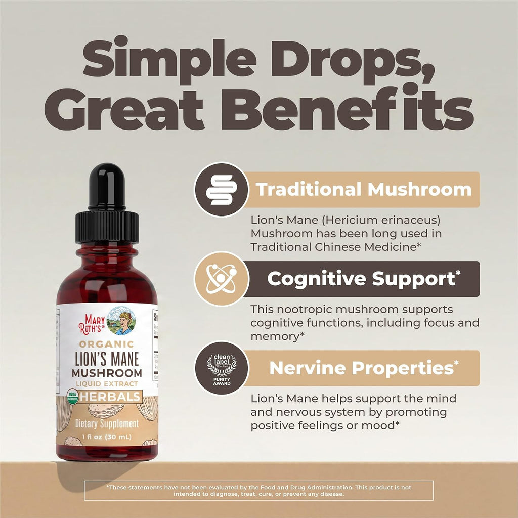 MARYRUTH'S Lions Mane Mushroom Supplement | Nootropic USDA Organic Lions Mane Extract 1,180mg | Nervine Herbal Liquid Drops | Brain Health | Focus & Memory | Non-GMO | Vegan | Alcohol Free | 1 Fl Oz