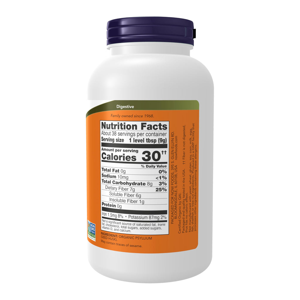 NOW Foods Supplements, Psyllium Husk Powder, Certified Organic, Non-GMO Project Verified, Soluble Fiber, 12-Ounce