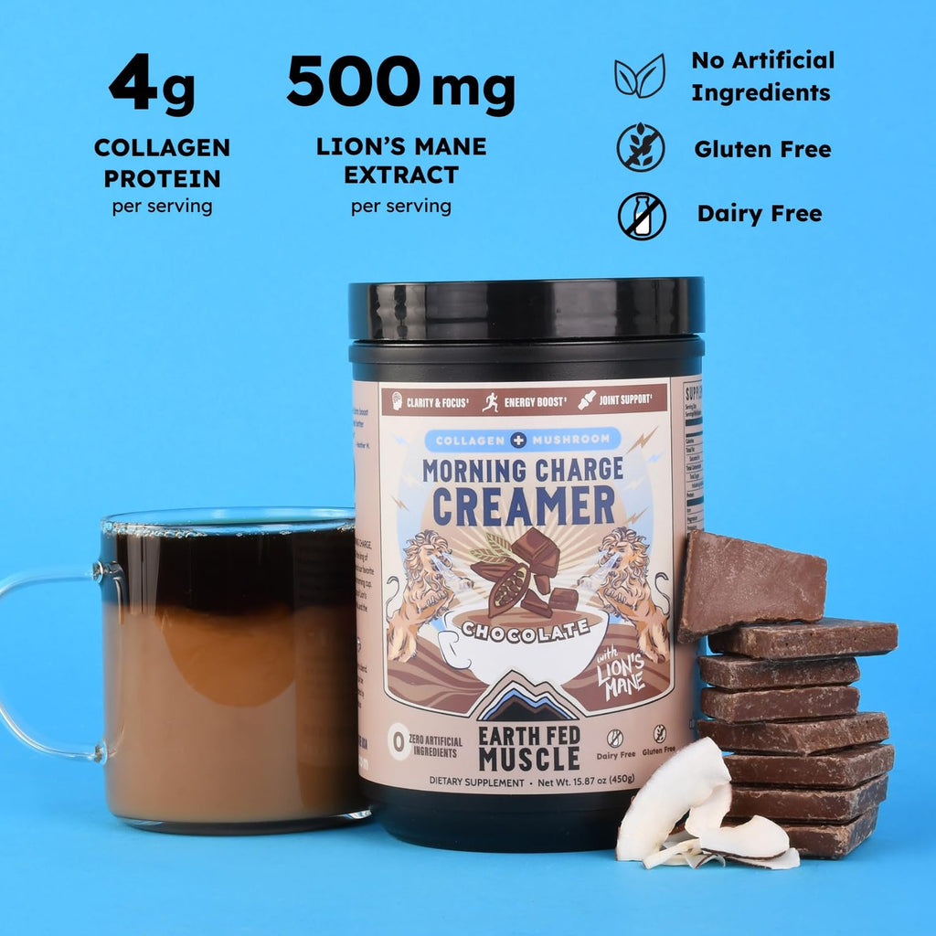 Earth Fed Muscle Vanilla Protein Coffee Creamer Powder, 24 Servings | Collagen Peptides, Lion's Mane, Coconut Milk, Non-Dairy, Morning Charge - Focus + Joint Support