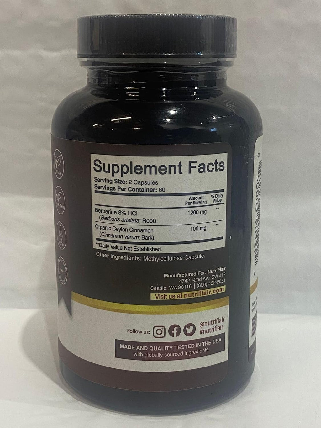 NutriFlair Berberine HCl 1200mg, 120 Capsules - Plus Ceylon Cinnamon, Berberine HCI Root Supplements Pills - Made in USA