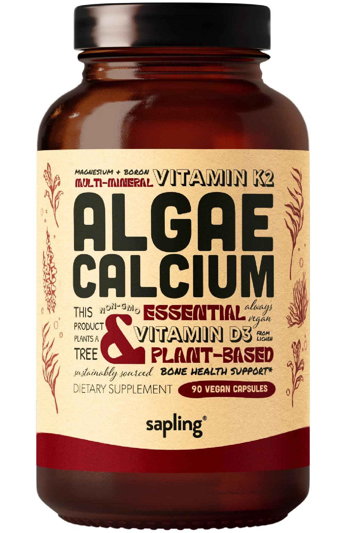 sapling Calcium Supplement - Whole Food with Vitamin K2 & D3, Magnesium, Zinc, Boron, Mineral Complex. Sourced Sustainably from Red Algae. for Bone Strength