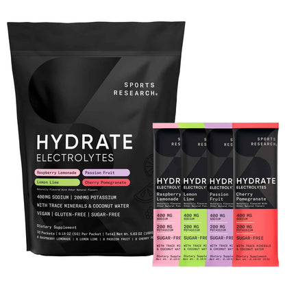 Sports Research® Hydrate Electrolytes Powder Packets - Sugar-Free & Naturally Flavored with Vitamins, Minerals, and Coconut Water
