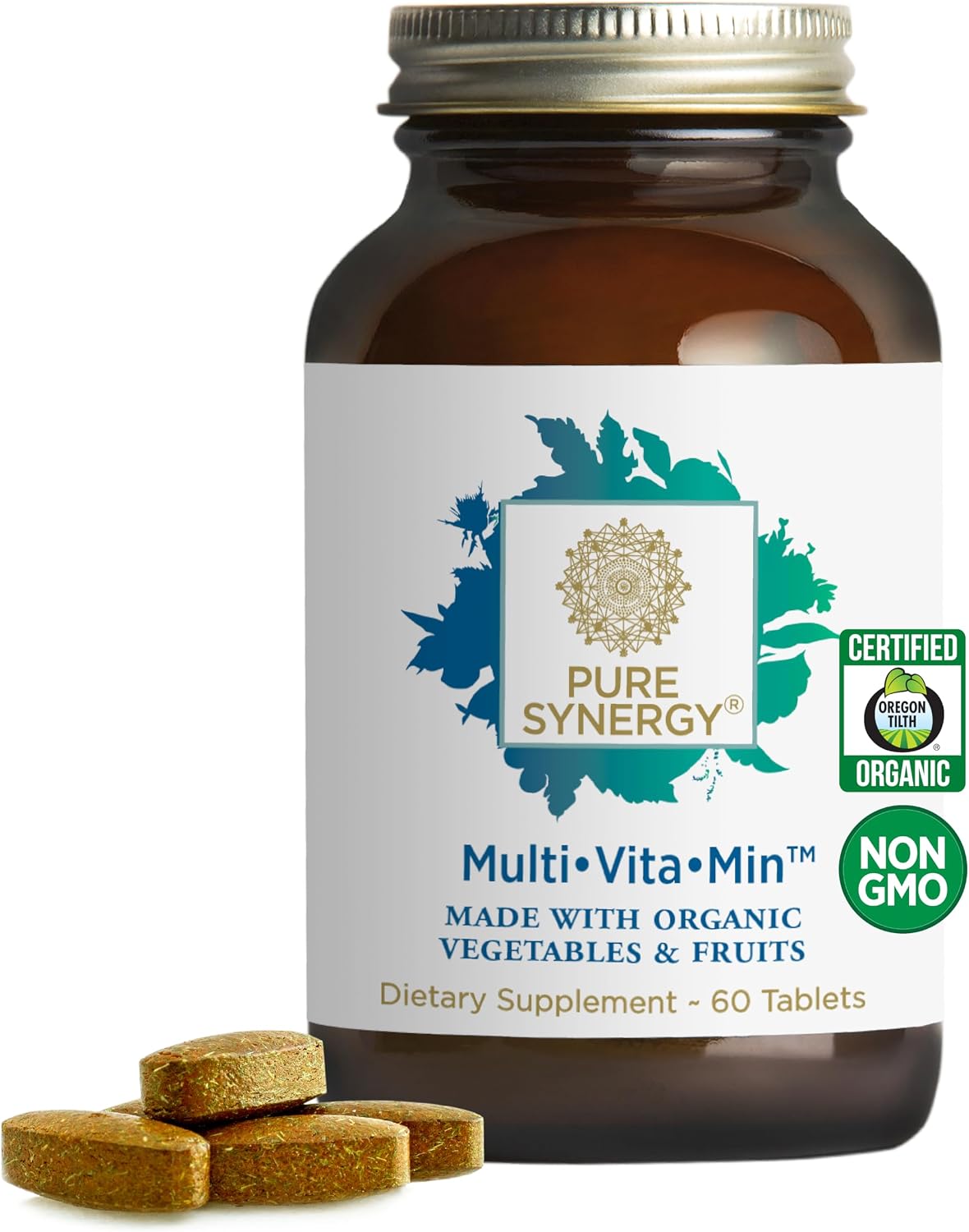PURE SYNERGY Multi·Vita·Min | Vegan Multivitamin Made with Organic Whole Foods | Twice Daily Supplement for Men and Women | Core Nutrients for Energy, Mood, Immune, and Bone Health (60 Tablets)