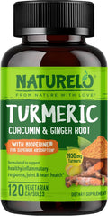 NATURELO Turmeric Curcumin - BioPerine for Better Absorption - Black Pepper, Ginger Root, Curcuminoids - Plant-Based Joint Discomfort Support - 120 Vegan Capsules