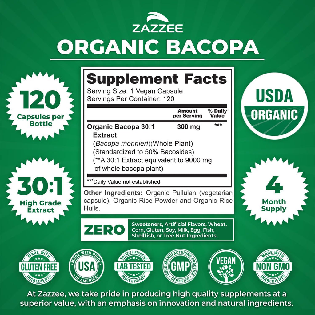 Zazzee USDA Organic Bacopa 30:1 Extract, 50% Bacosides, 120 Vegan Capsules, 4 Month Supply, Bacopa Monnieri, Cognitive, Brain & Memory Support, Non-GMO, Organic Herbal Supplement, Made in the USA