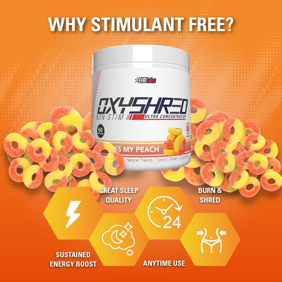 EHP Labs OxyShred Non Stimulant Pre Workout Powder - Stim Free Pre Workout, Caffeine Free Preworkout for Men & Women with L Glutamine & Acetyl L Carnitine - Peach, 60 Servings