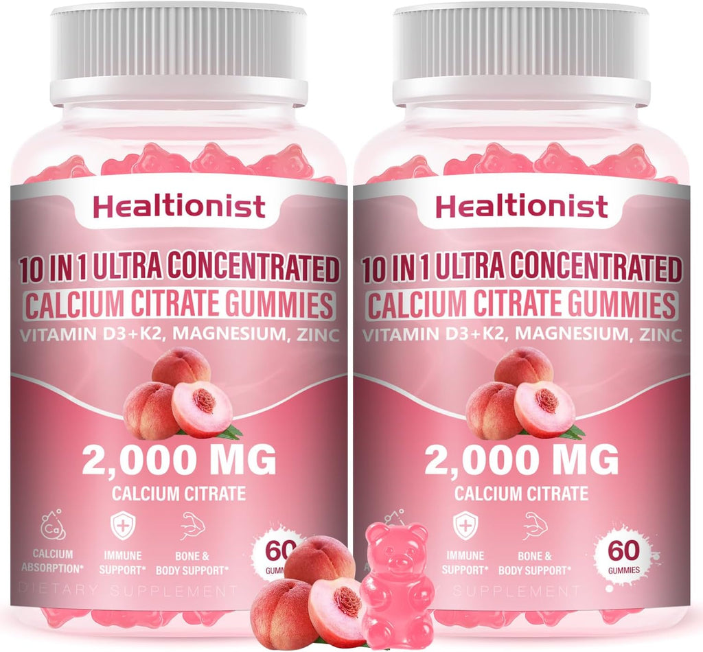 2 Packs 2000mg Calcium Citrate with Vitamin D3 K2 Supplements Gummies for Women & Men, Magnesium, Zinc, High Absorption, Bone, Muscle & Immune Support, 120 Counts Peach Flavor Gummies