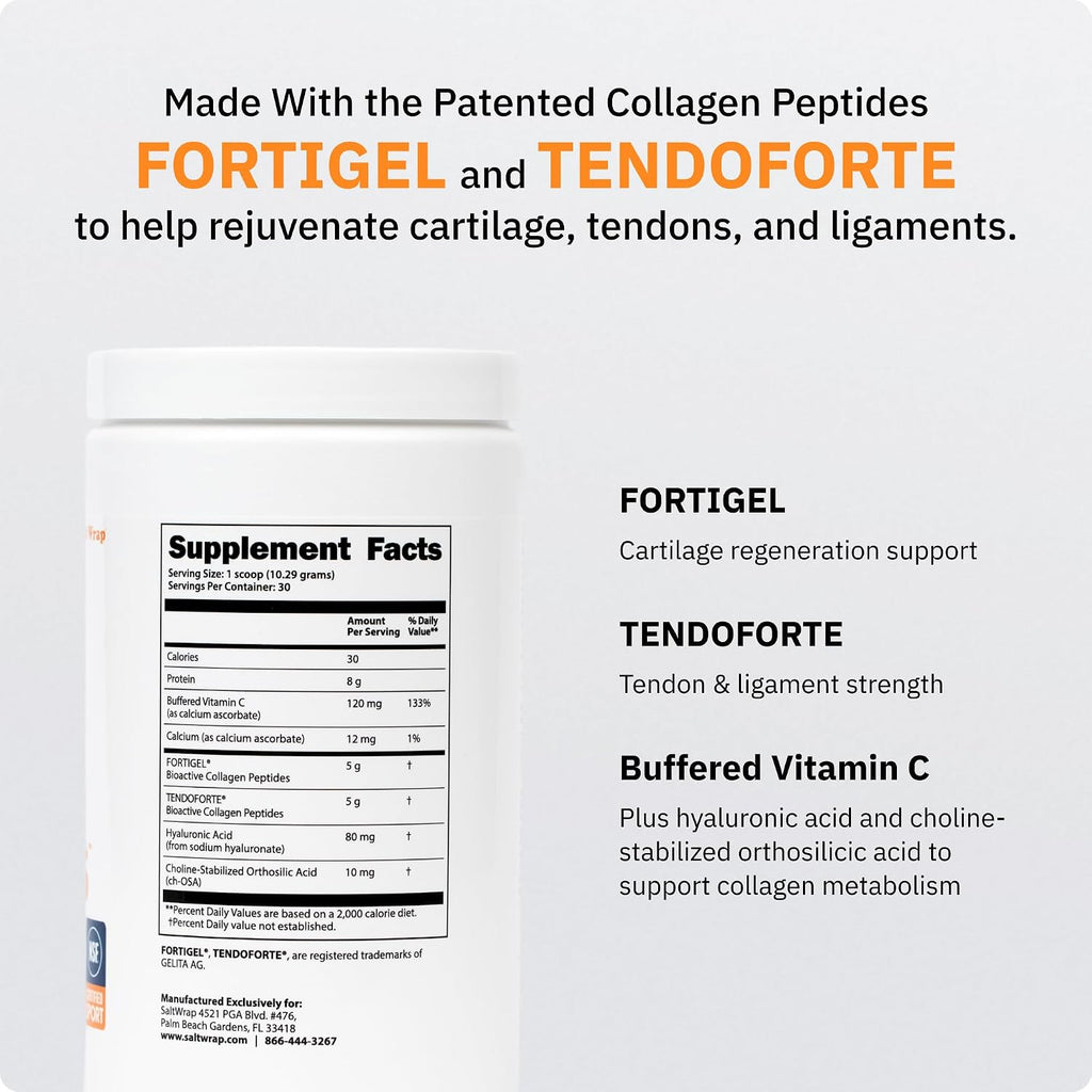 SaltWrap Collagen Synthesis Peptides for Joint and Tendon Recovery | NSF Certified for Sport, Patented Tendoforte and Fortigel Support Cartilage Repair, Unflavored Collagen Powder Supplement