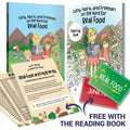 Lucy, Nora, and Freeman on the Hunt for Real Food – Story Book, Coloring Book, Flashcards